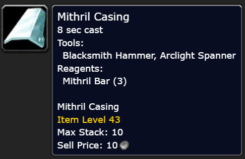 an image of mithril casing in wow classic, saying the tools needed and regeants