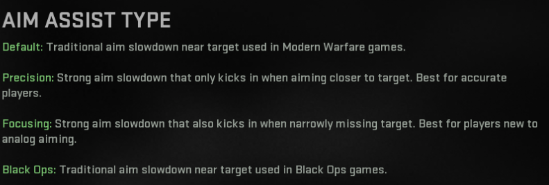 Screenshot of the Aim Assist Type settings in Warzone 2.0.