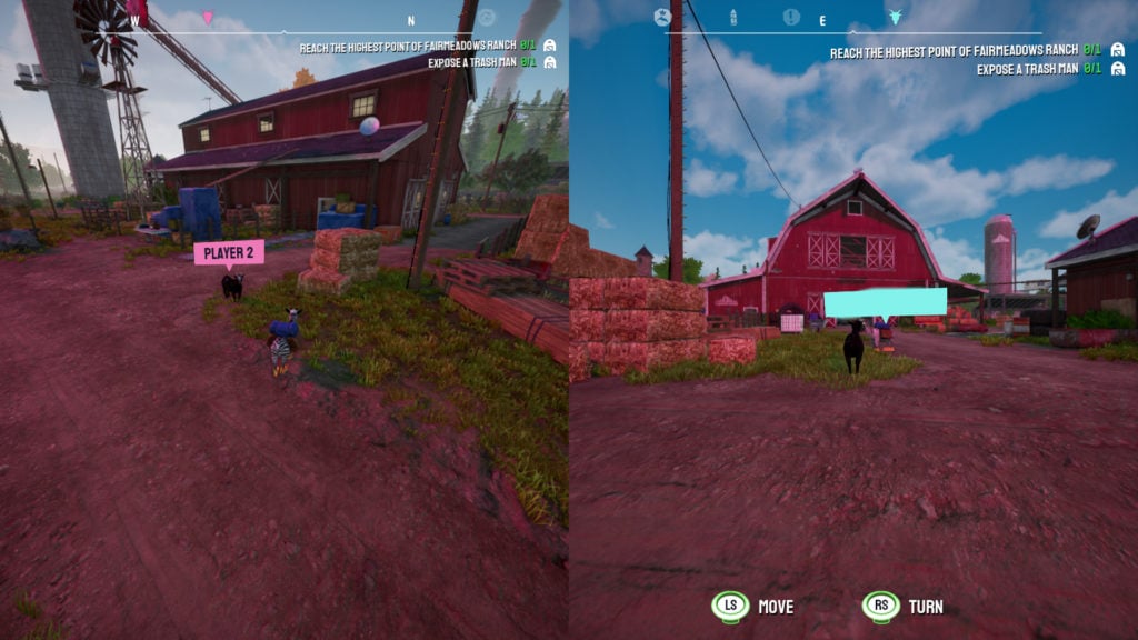 A screengrab from Goat Simualtor 3 showing two different characters playing a split-screen mode