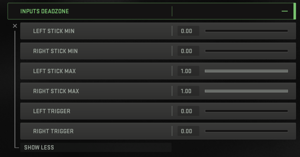 Screenshot of the Inputs Deadzone settings in Warzone 2.0.