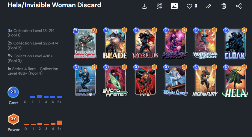 Screenshot of a Marvel Snap Hela/Invisible Woman Discard deckbuild.