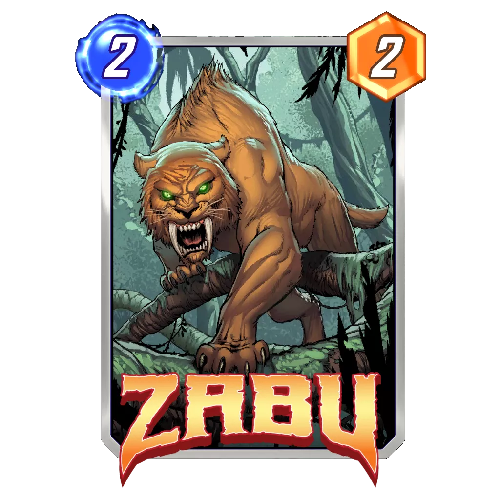 Zabu, a lion with green eyes walking over tree branches, with two cost and two power.