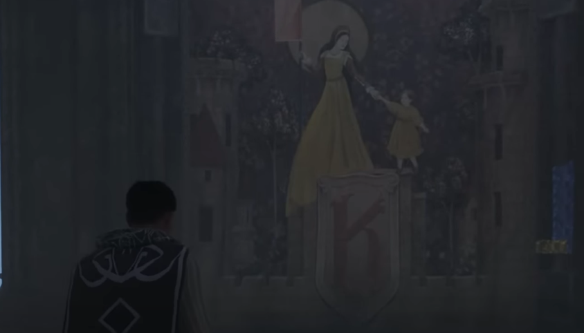 Player character in Hogwarts Legacy looking at the tapestry that leads to the werewolf room.