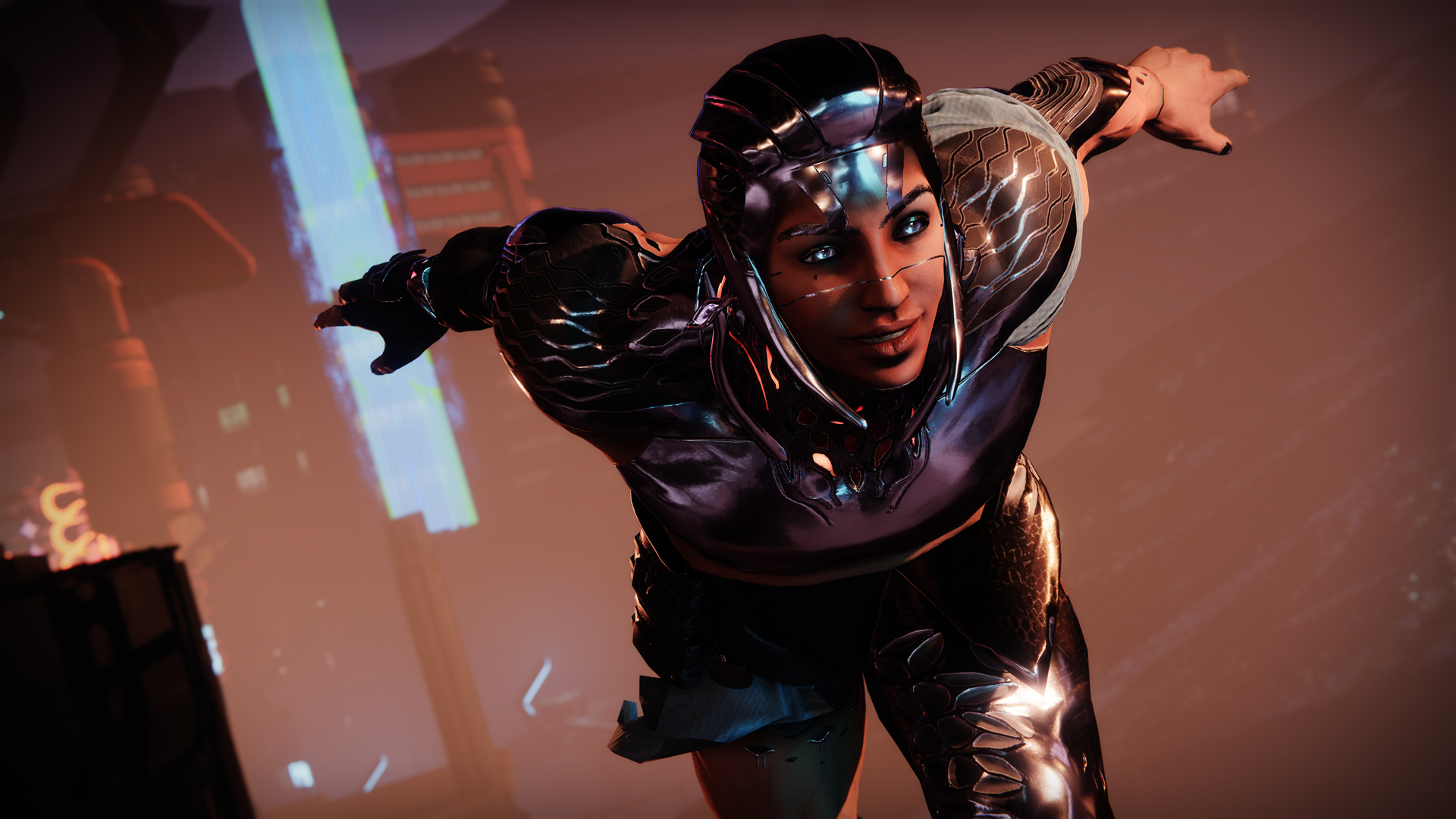 Nimbus, a cloudstrider with what looks like a metal suit skates through the air.