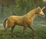 An image of a Shiny Unicorn from Hogwarts Legacy, which has gold fur.