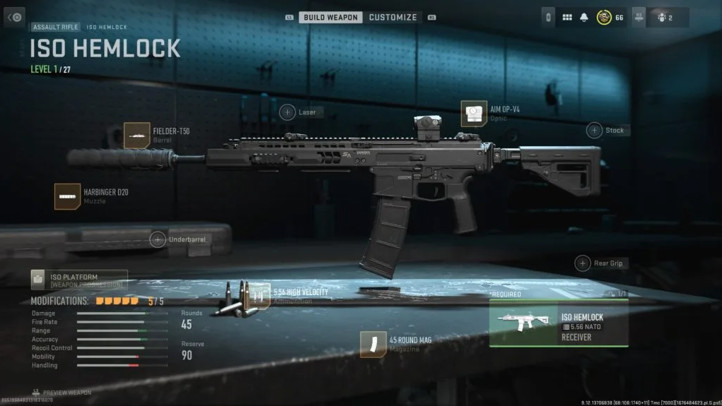 A screenshot of the Gunsmith for the best ISO Hemlock loadout in Warzone 2.