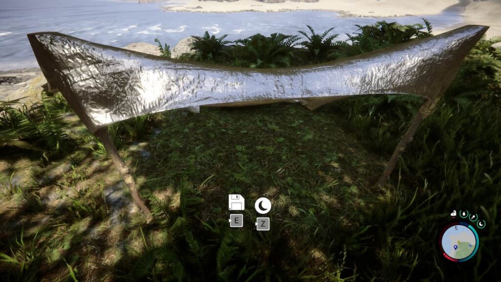 Sons of the Forest makeshift tent with a save button