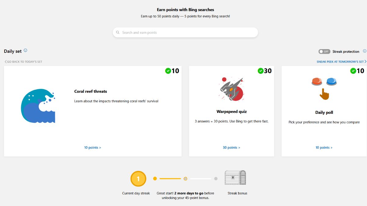 A collection of daily tasks you can complete to earn Microsoft Rewards points, which can then be spent on free Overwatch 2 coins.