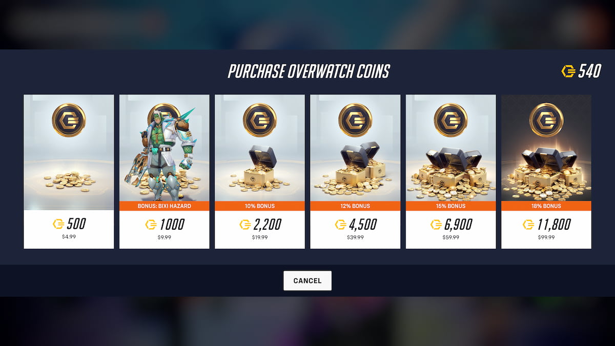 An image of the purhcase page for Overwatch 2 coins, which allow you to buy the battle pass or cosmetics from the store.