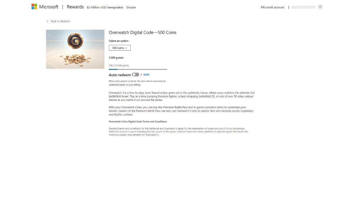 An image from the Microsoft Rewards Store, which offers options to get Overwatch 2 Coins completely for free.