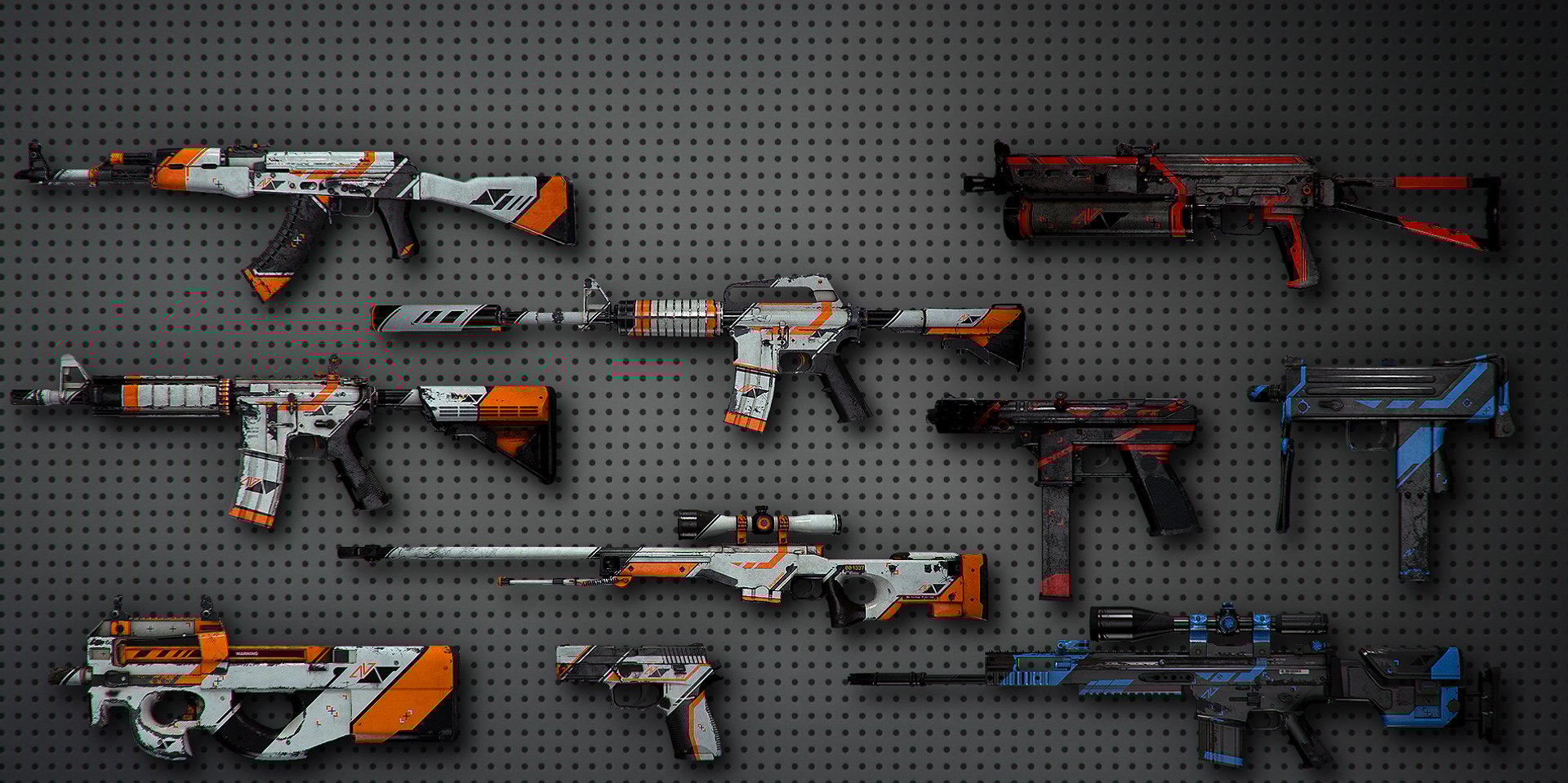 Multiple CS:GO skins displayed on a wall.