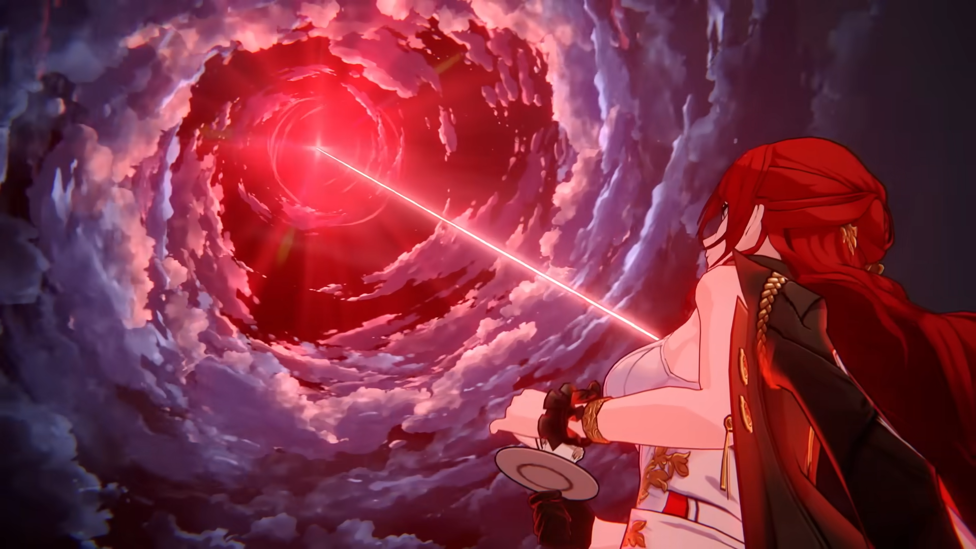 Himeko looking to the sky while drinking a cup of tea during her Ultimate move.