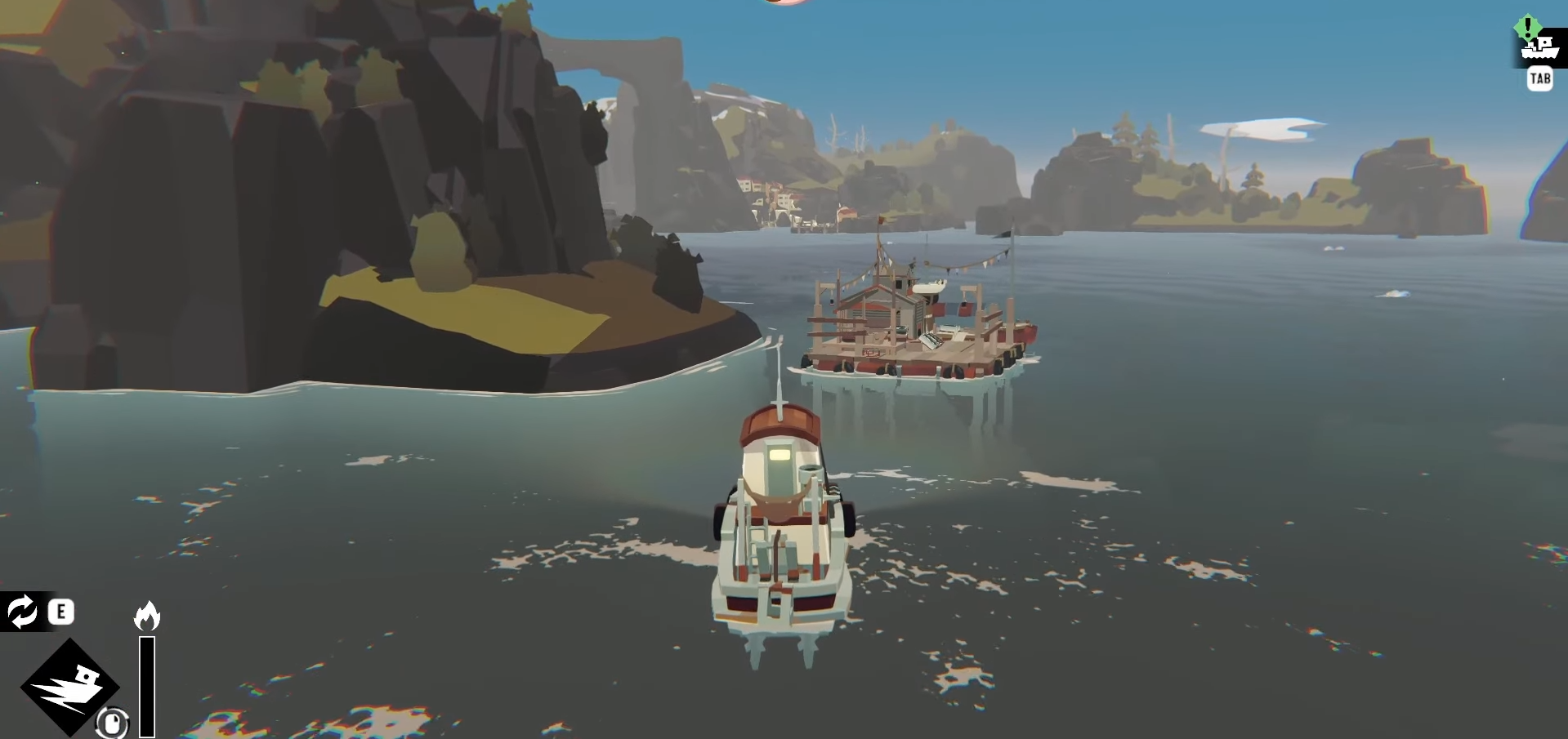 A small, white and red boat sits on top of water surrounded by cliff shores.