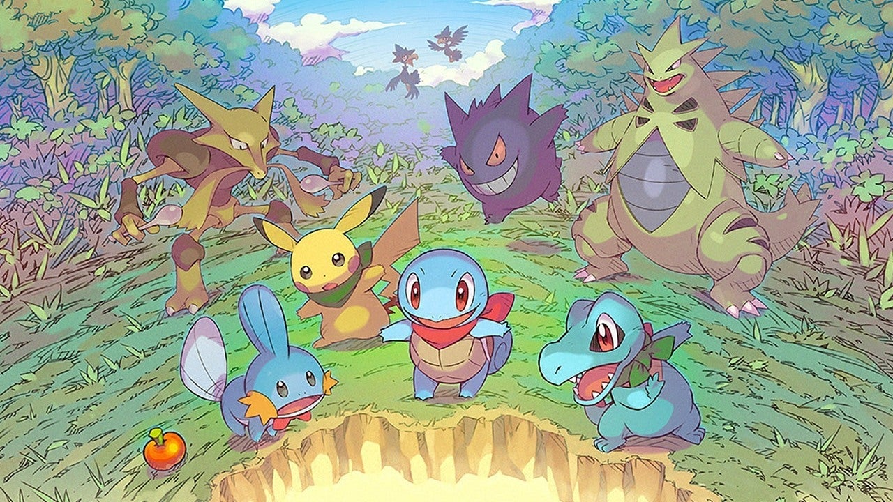 Several Pokemon gather around a glowing crater