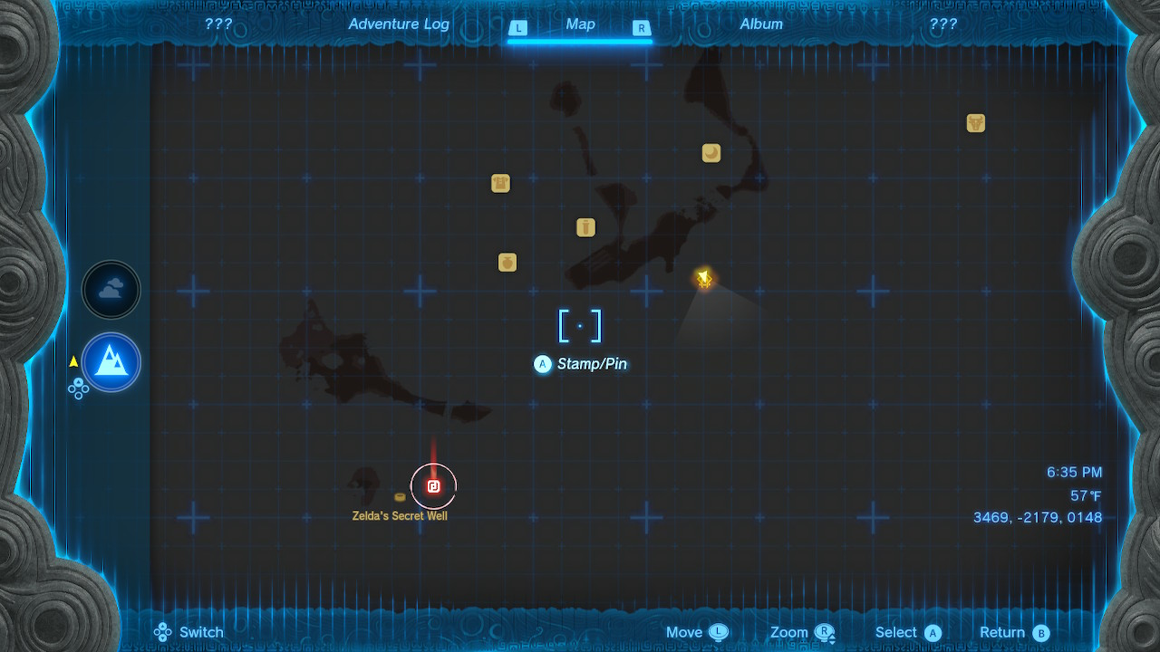 A map showing Zelda's house on the south side of Hateno Village.