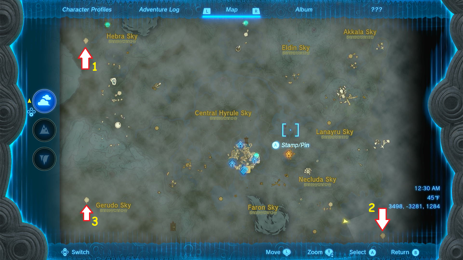 A Tears of the Kingdom map marked with the locations of King Gleeok.