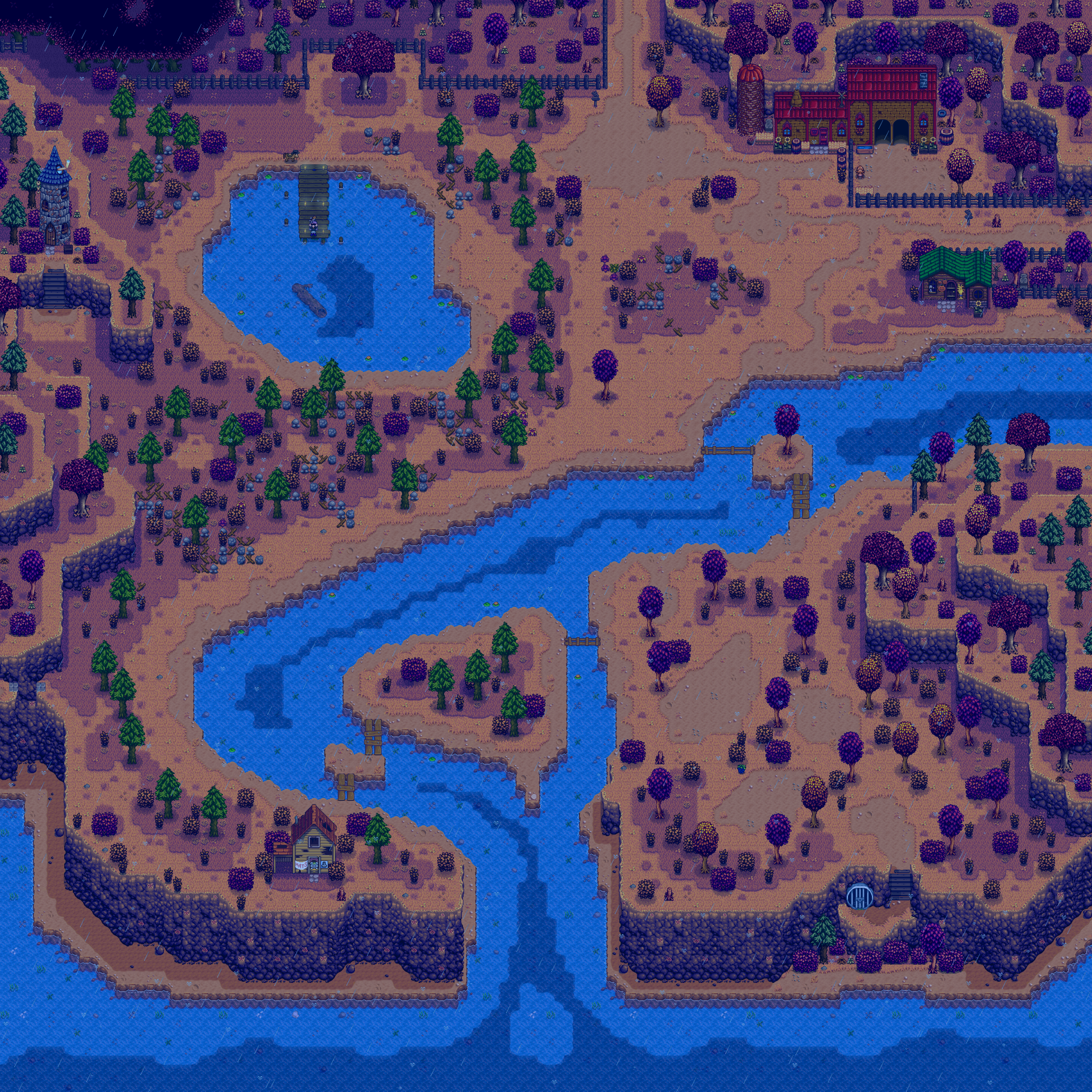 A purple-haired character stands at the edge of a dock in Stardew Valley