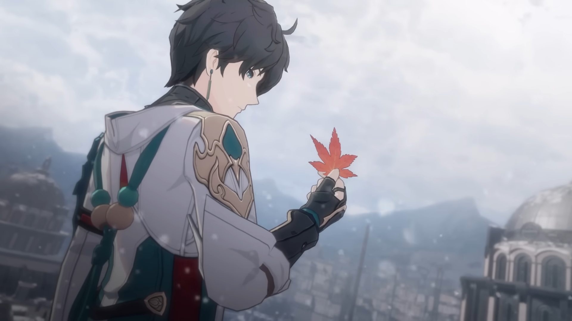 Dan Heng holding a lead and looking down at it.