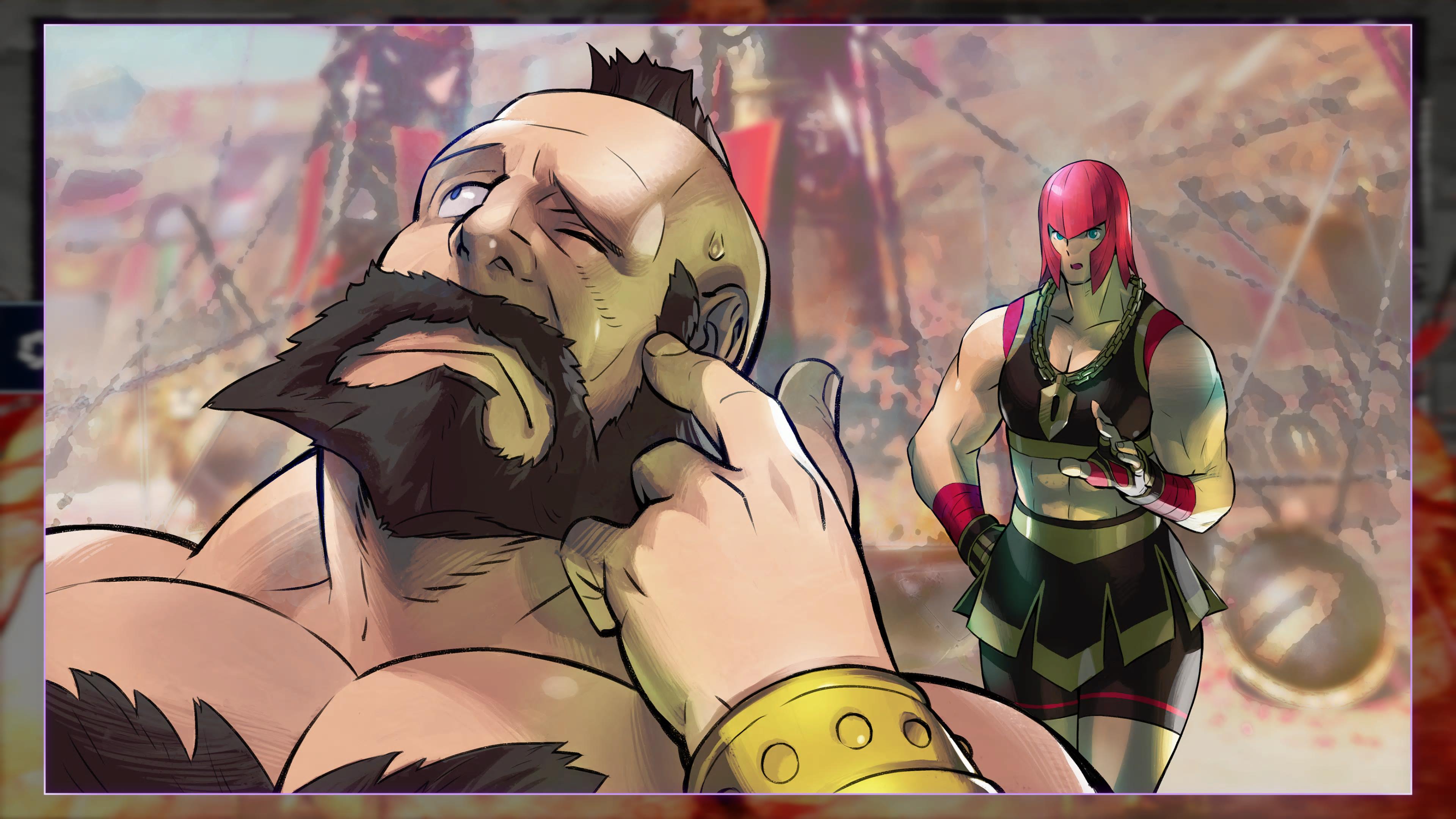 Zangief talking to Marisa in a Street Fighter 6 Arcade mode image.