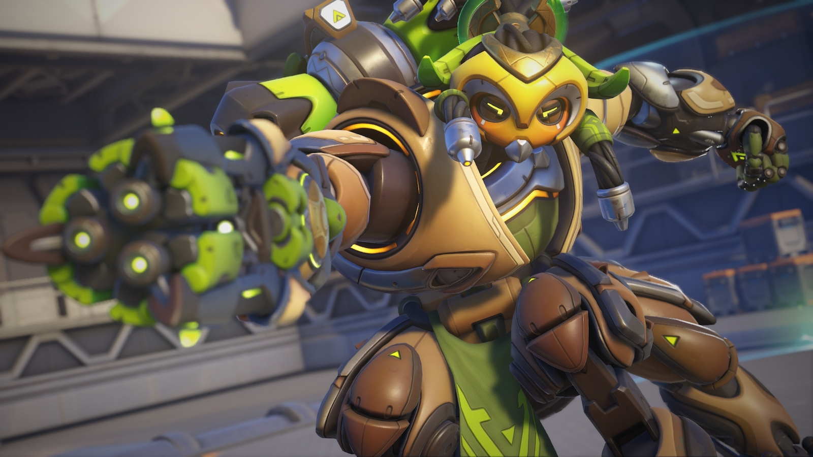 Orisa aiming toward the camera with her default Overwatch 2 appearance.