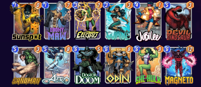 A deck showing Sunspot, Ebony Maw, Electro, Wave, Jubilee, Devil Dinosaur, Sandman, Aero, Doctor Doom, Odin, She-Hulk, and Magneto.