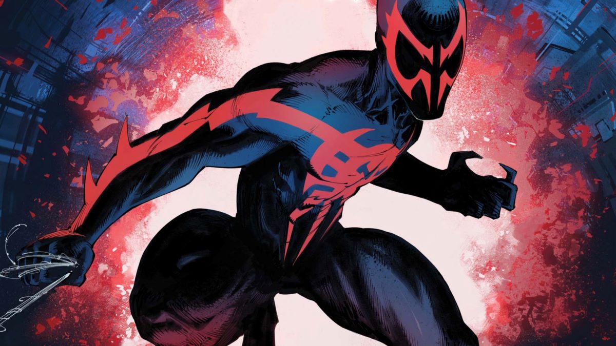 migeull o'hara as spider-man 2099, posing with his claws out