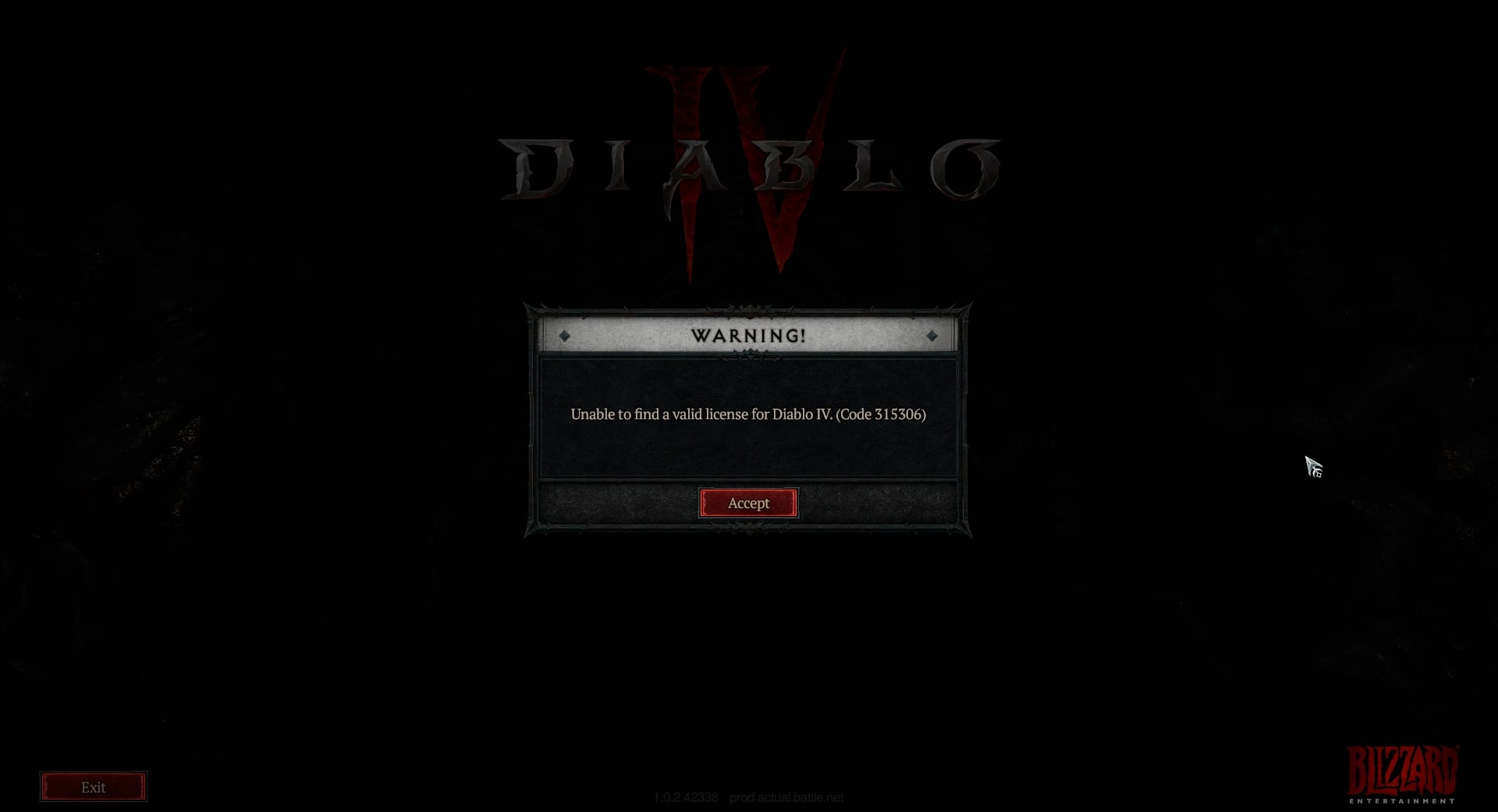 An image showing error code 315306, which says Diablo 4 is "unable to find a valid license."