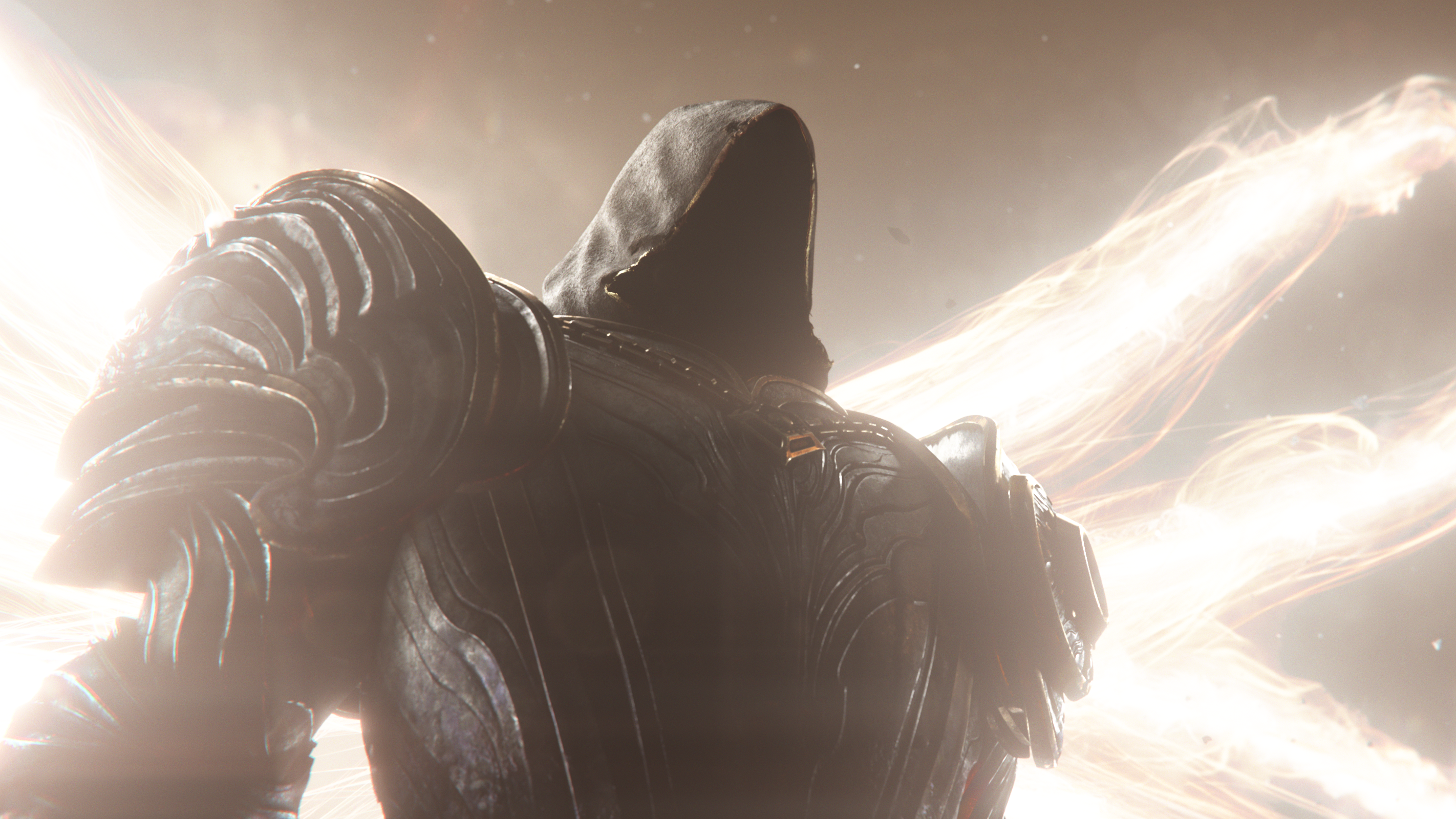 A hooded character in Diablo 4 with beans of light shooting out from behind them