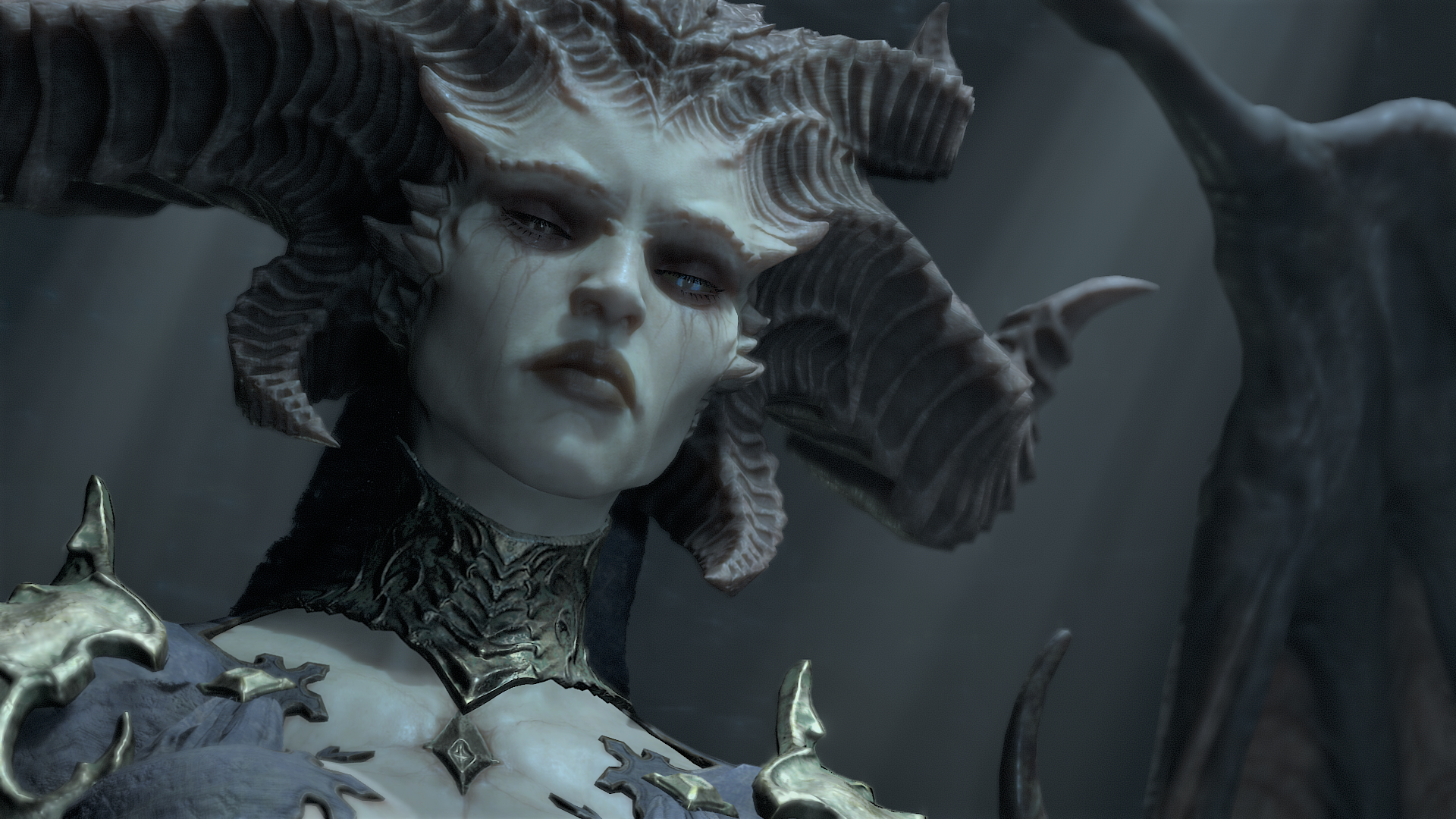Lillith, a demonic figure, stares down at a mortal enemy in Diablo 4