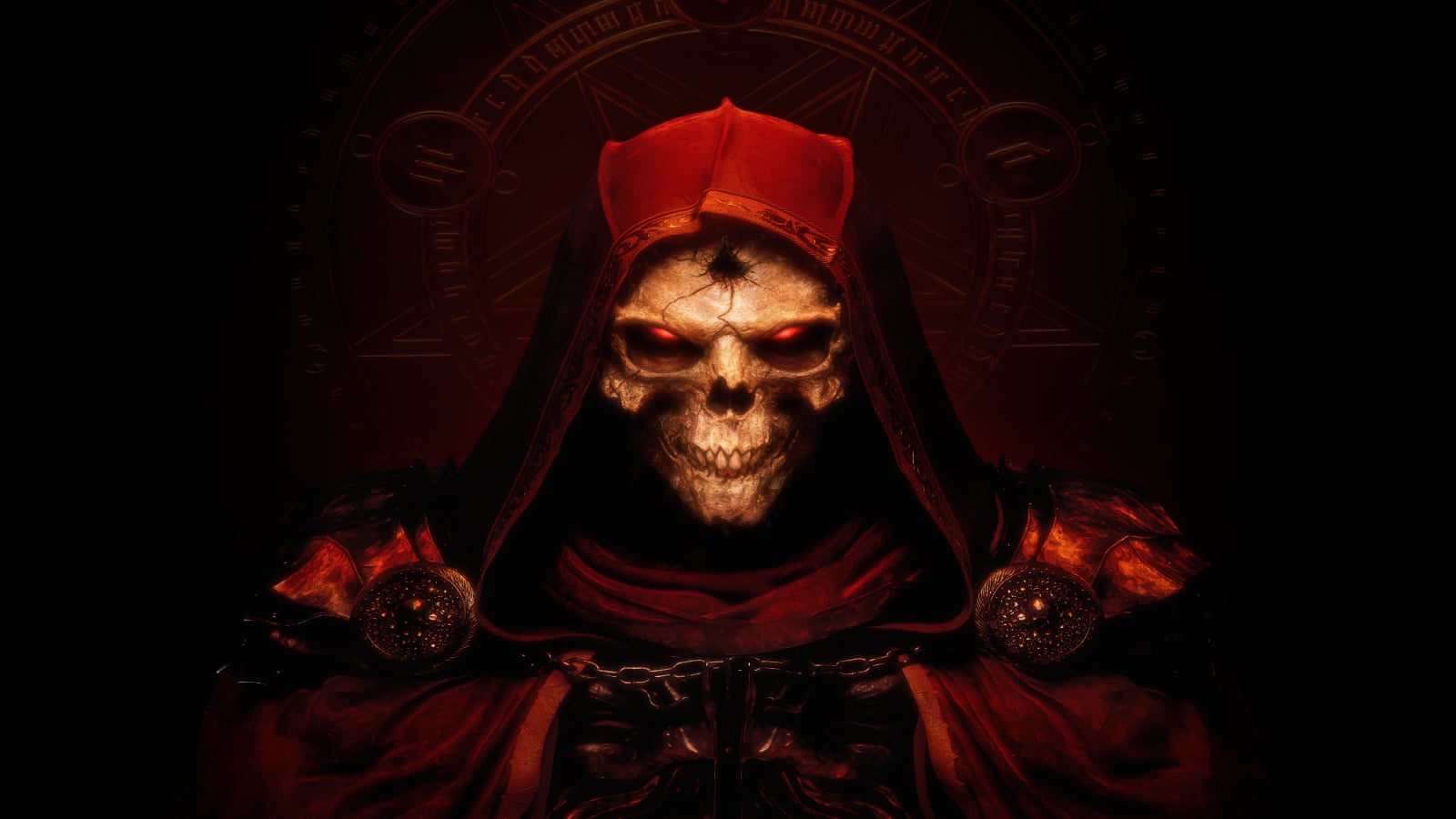 A skeleton looks on menacingly in key art for Diablo 2: Resurrected.