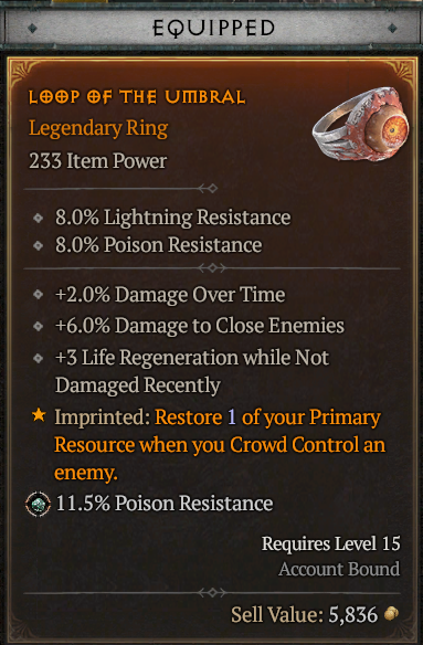 A ring after equipping the Aspect of the Umbral.