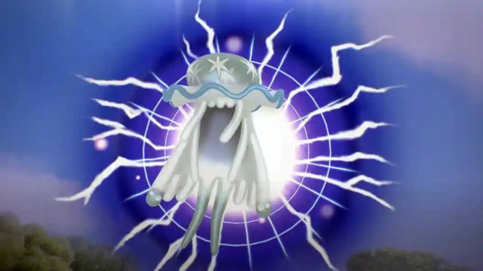 Nihilego soaring in the sky in Pokémon Go.