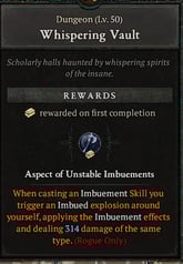 The Whispering Vaults dungeon in Diablo 4, showing the Aspect of Unstable Imbuements as a first-time completion reward.