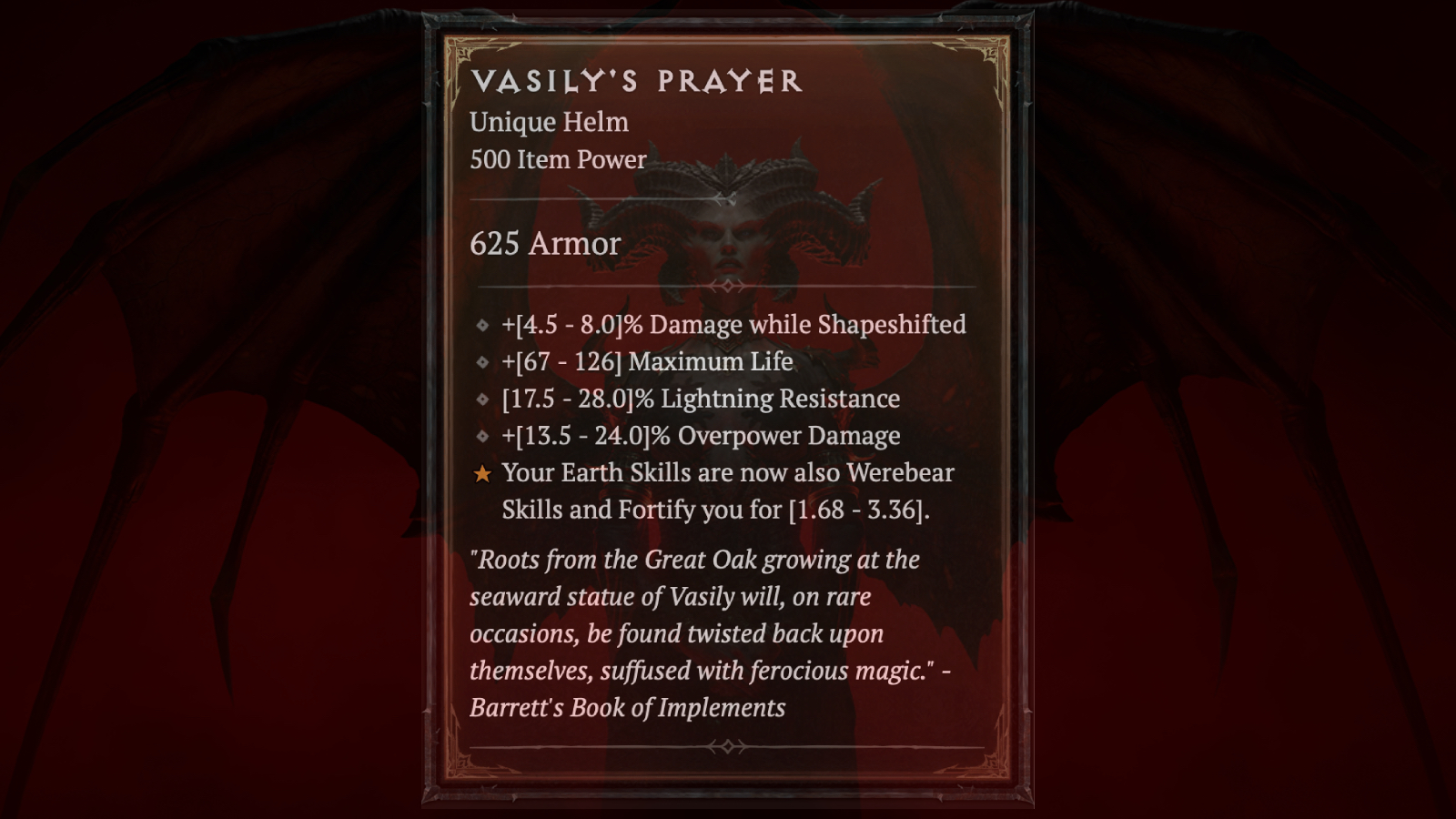 The item description of Vasily's Prayer in Diablo 4.