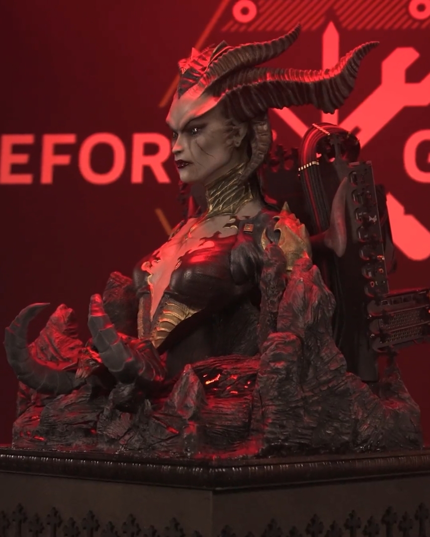 An image of a custom-built Diablo 4 PC built inside a statue of Lilith.