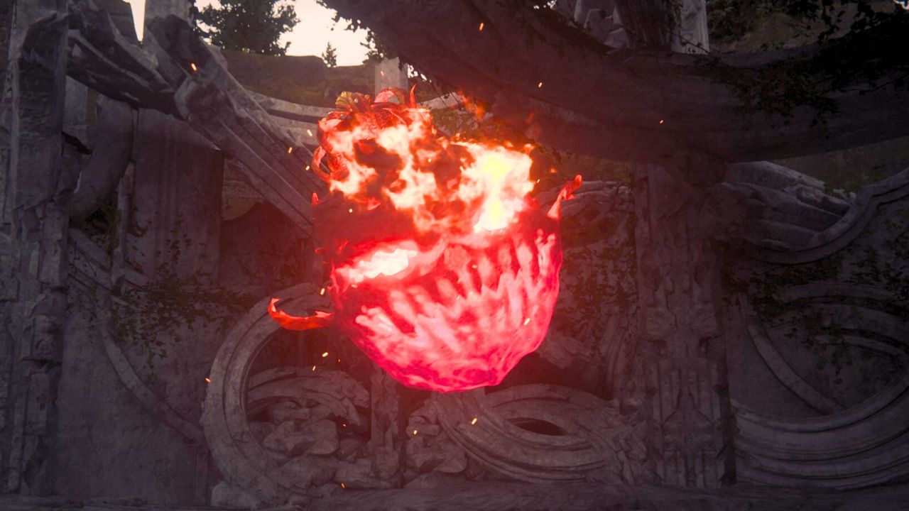 A big ball of flame grinning in an abandoned facility in Final Fantasy 16