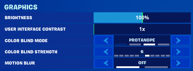 Screenshot of Fortnite's Graphics settings, with colorblind mode set to Protanope, and strength set to 6.