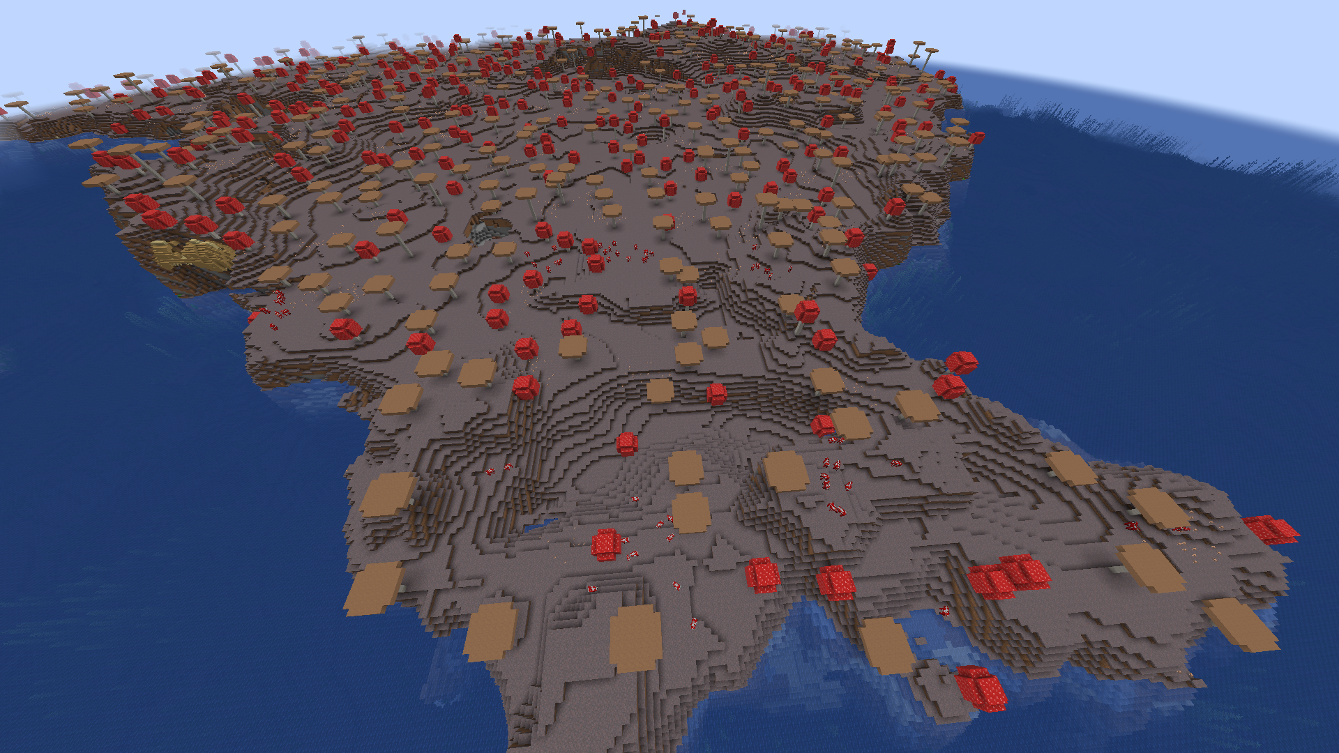 A huge mushroom fields biome in Minecraft.
