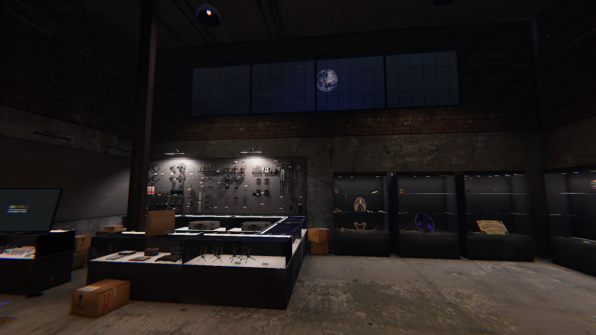 The room players load into when the launch Phasmophobia which has a wall full of equipment and trophy cases loaded with relics from investigations.