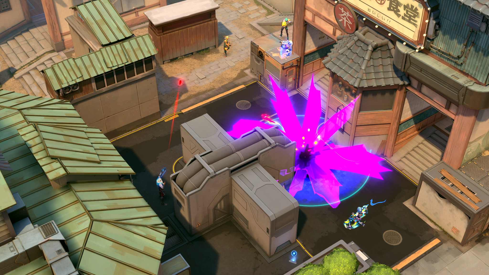 VALORANT's Team Deathmatch mode in action on one of the new custom maps, featuring a large purple explosion.