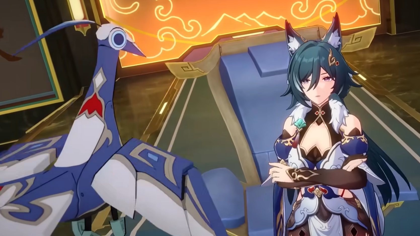 Yukong with her arms crossed looking up at a crane heading towards her.