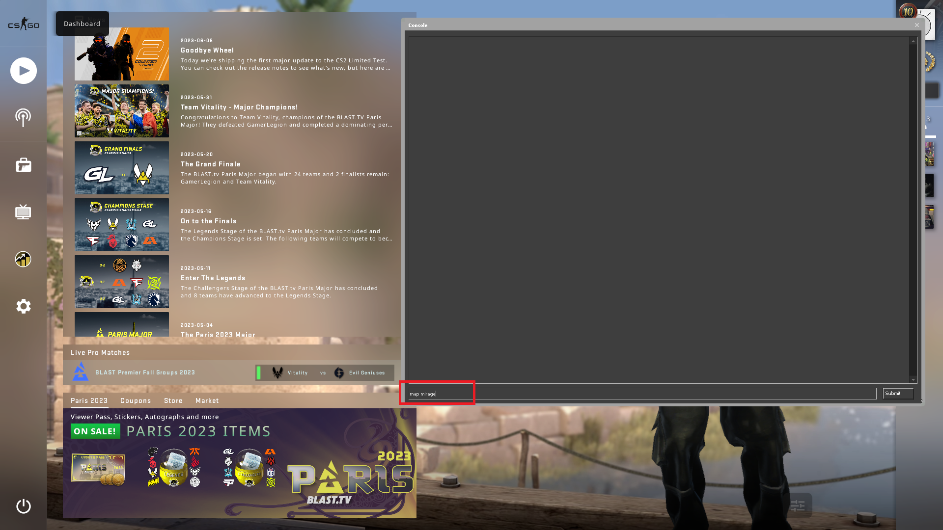 CS:GO player types "map mirage" in the game's developer console.