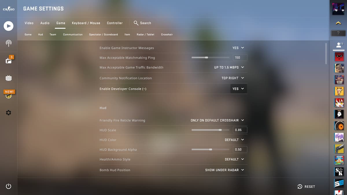 Settings menu in Counter-Strike Global Offensive