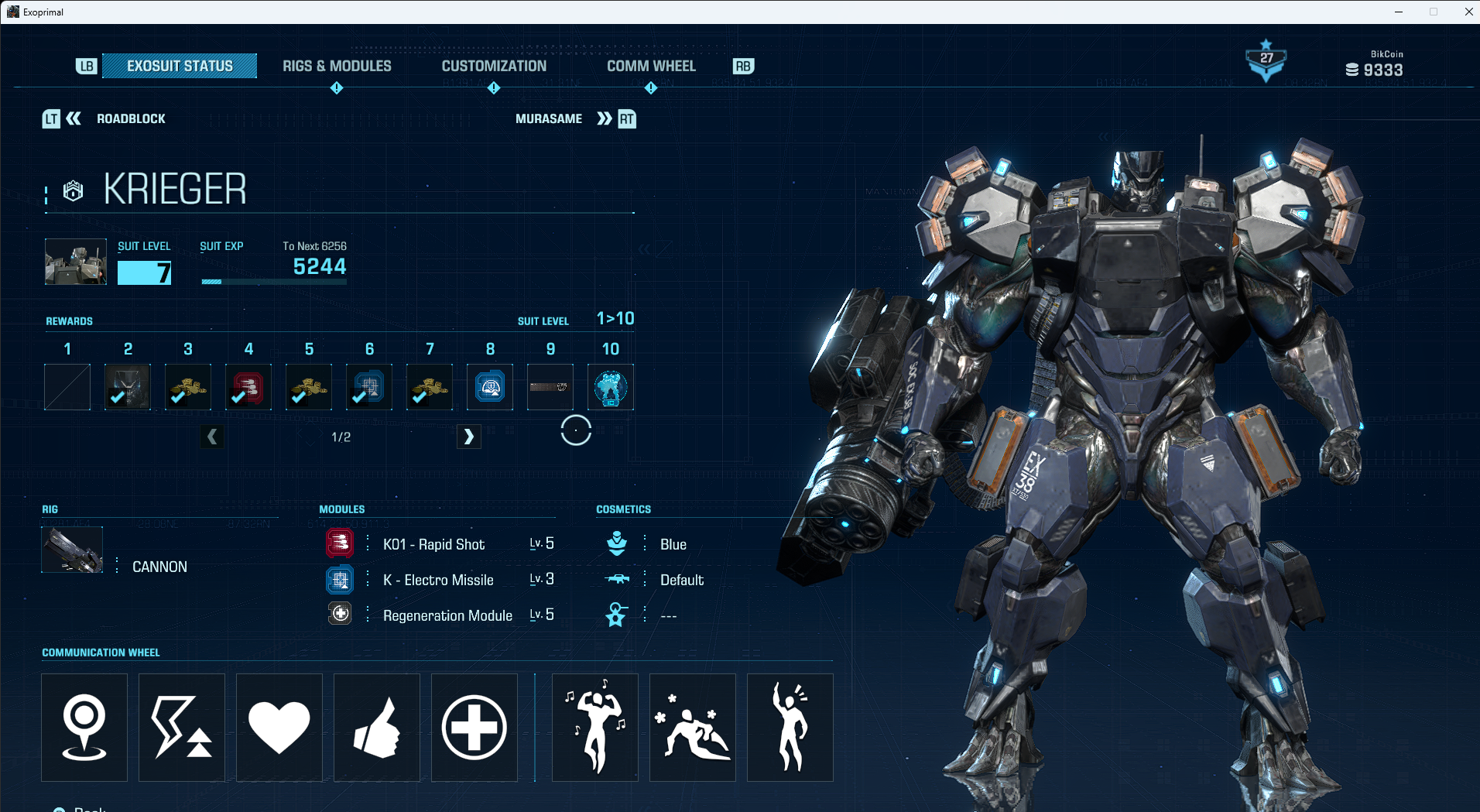 The Krieger exosuit page in Exoprimal, showing unlockable rewards and suit level.