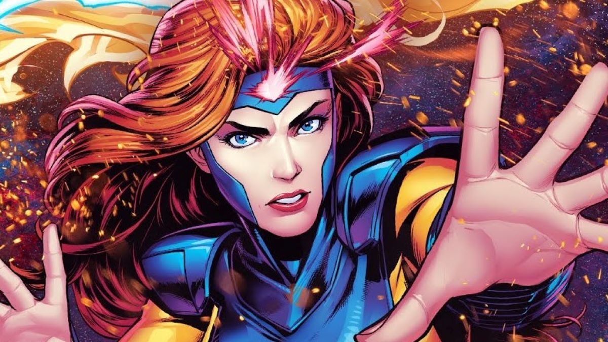 Jean Grey, a mutant, holds her hand up as a powerful aura surrounds here in Marvel Snap.