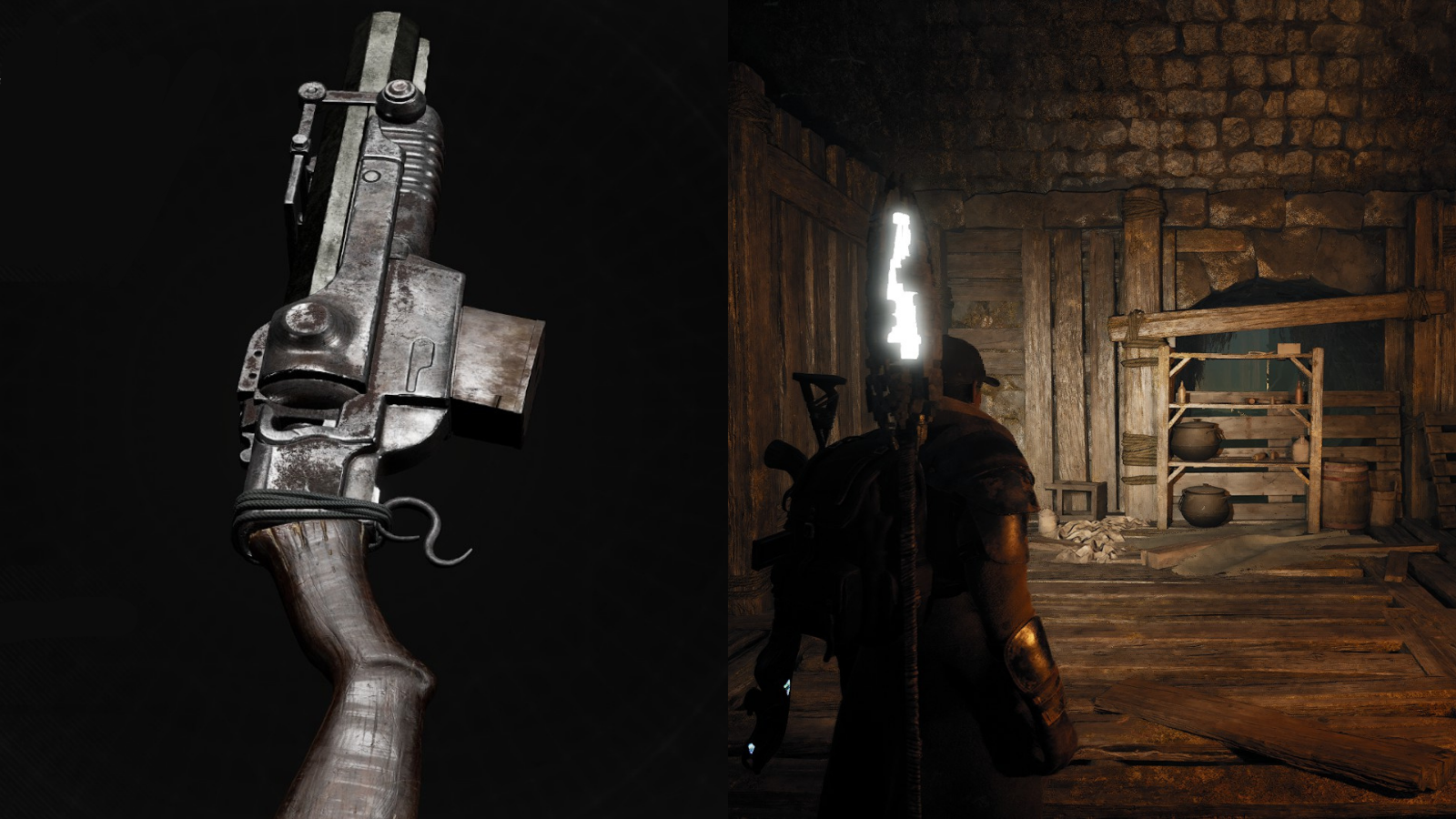 A collage of the Meridian handgun and the Handler in front of a secret passage in Remnant 2.