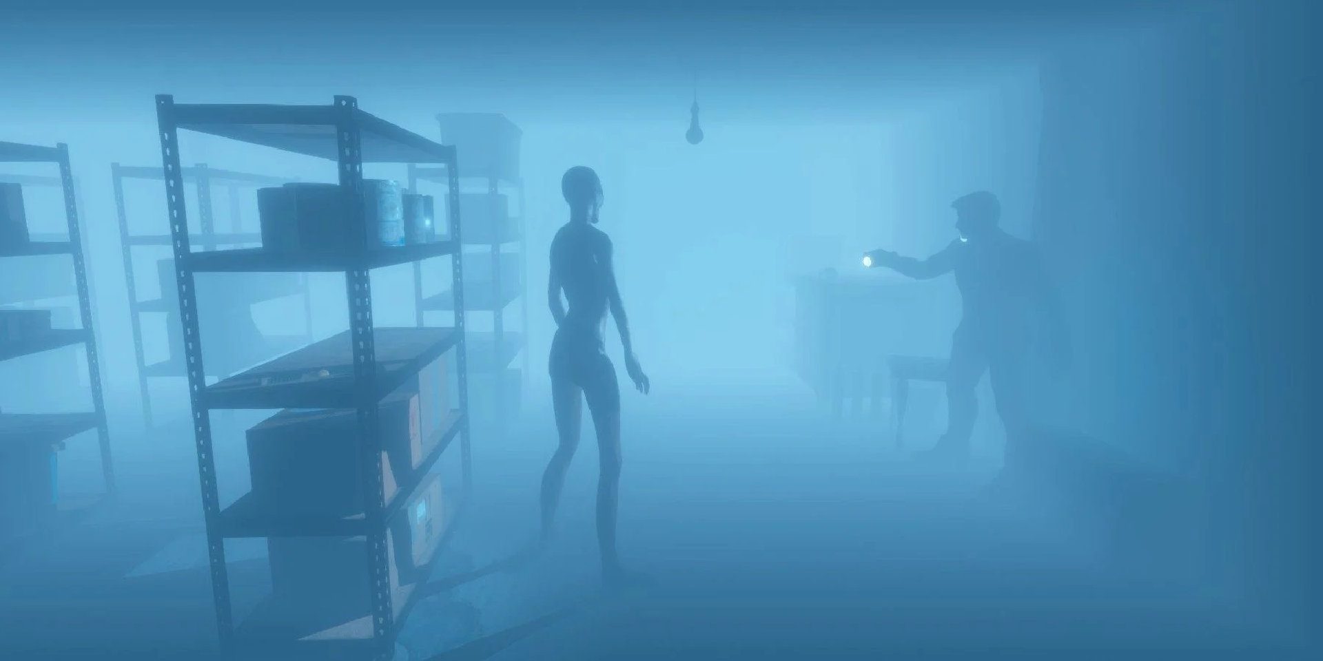 An eerie screenshot of a character holding a flashlight to a ghost in Phasmophobia