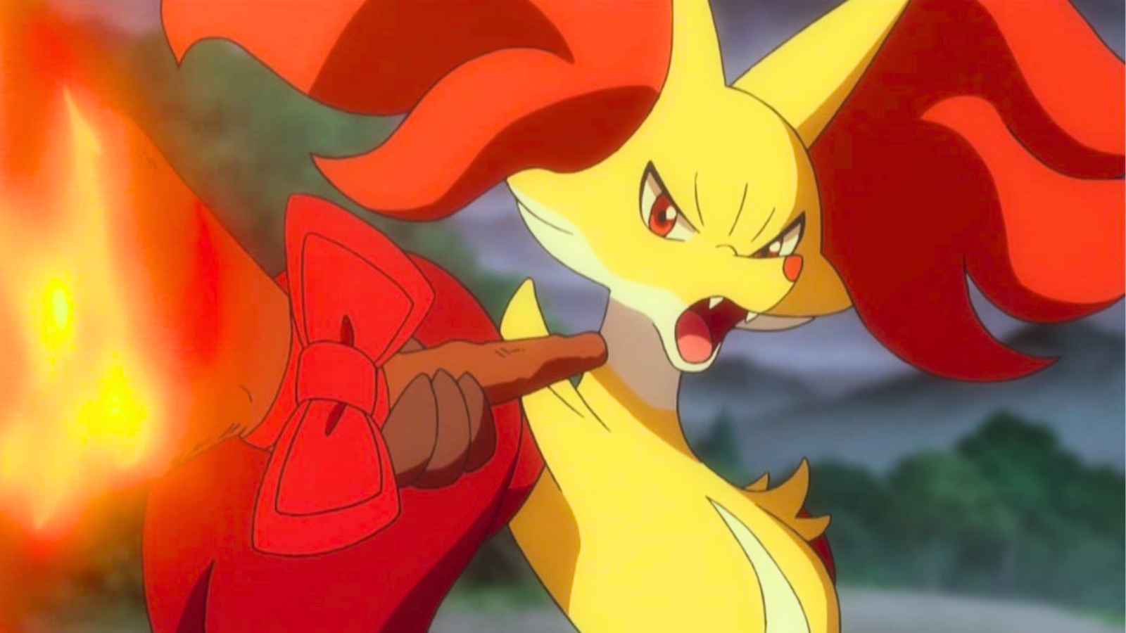 An angry Delphox holding its fire stick in the Pokémon anime.