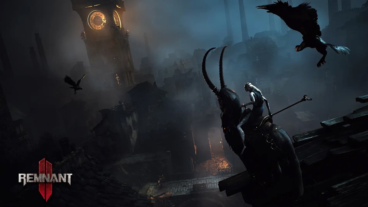 A character sits atop an eagle-like mount, as other eagles swoop on a rooftop in a gothic town with a clocktower and mist in Remnant 2