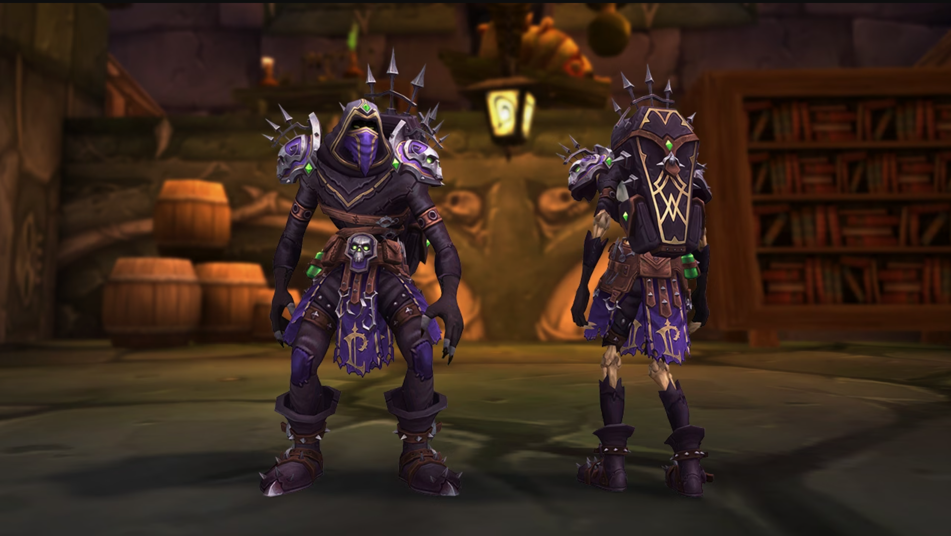 Forsaken Heritage Armor in WoW Dragonflight. Pictured are a male and female Forsaken wearing the new set of black and purple armor that Undead players will be able to earn in Patch 10.1.7.